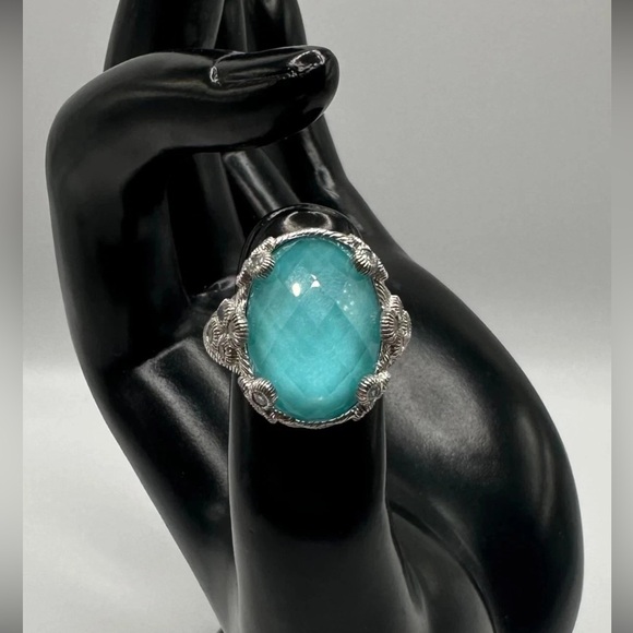 Judith Ripka Sterling Oval Turquoise and Quartz Doublet Cocktail Ring 5.75 - Picture 14 of 16